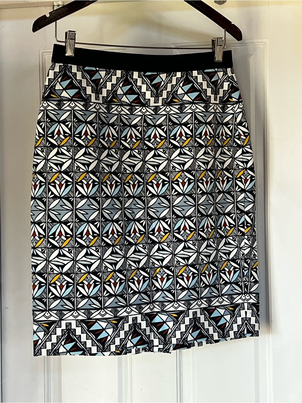 Tory Bruch Geometric Printed Ponte Knit Pencil Skirt Size Medium Blue Pull On